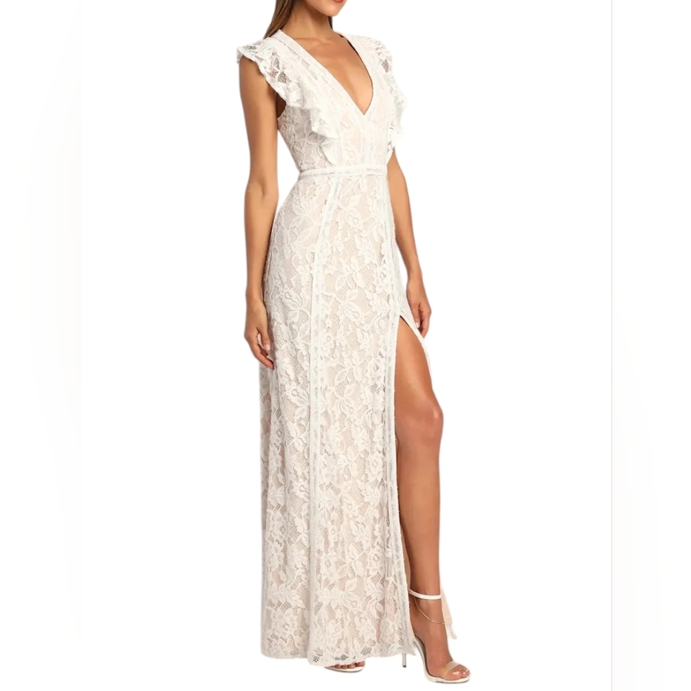 Lulus White Floral Lace Maxi Dress Size L V-Neck Flutter Sleeve Front Slit - Picture 2 of 14